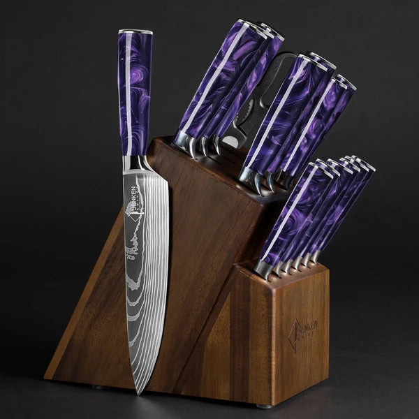 Amethyst 16-Piece Japanese Knife Block Set — High-Carbon Steel with Purple Resin Handles