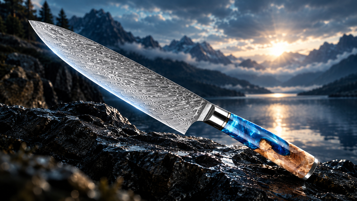 Tsunami Damascus knife block set with blue resin handles