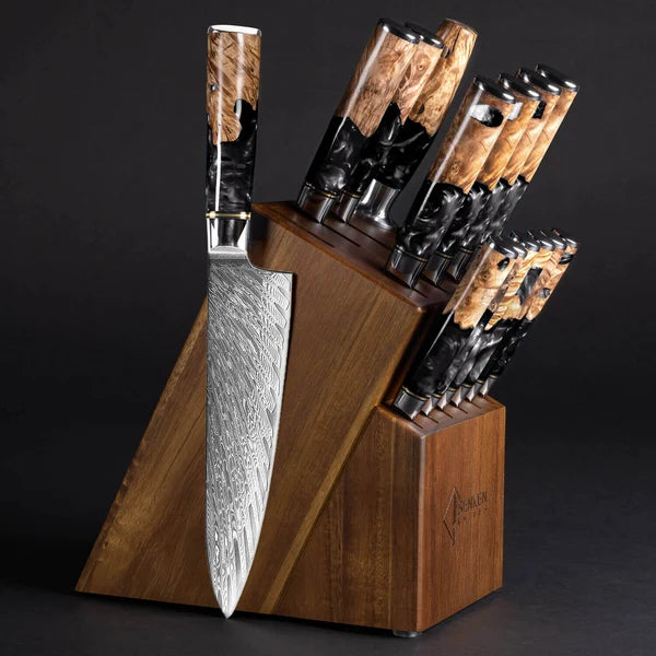 Black Tsunami 15-Piece Japanese VG10 Damascus Knife Block Set — Black Resin Burl Wood Handles