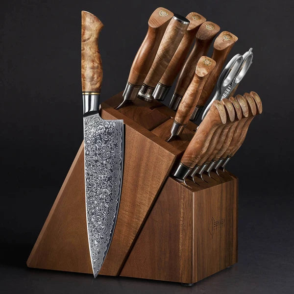 Dynasty 16-Piece Japanese VG10 Damascus Knife Block Set — Sycamore Wood Handles