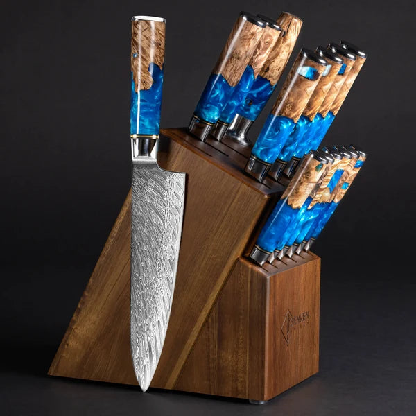 Tsunami 15-Piece Japanese VG10 Damascus Knife Block Set — Blue Resin Burl Wood Handles
