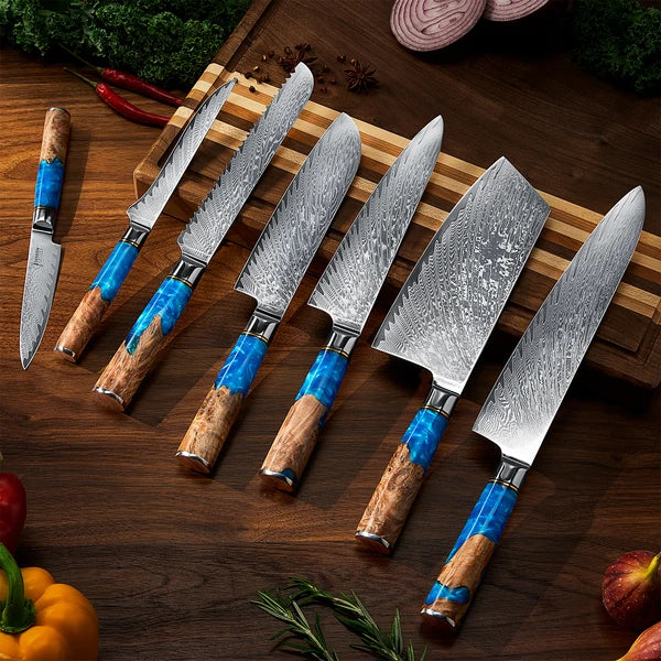 Tsunami Collection — Japanese VG10 Damascus Steel Knife Set with Resin Burl Wood Handles
