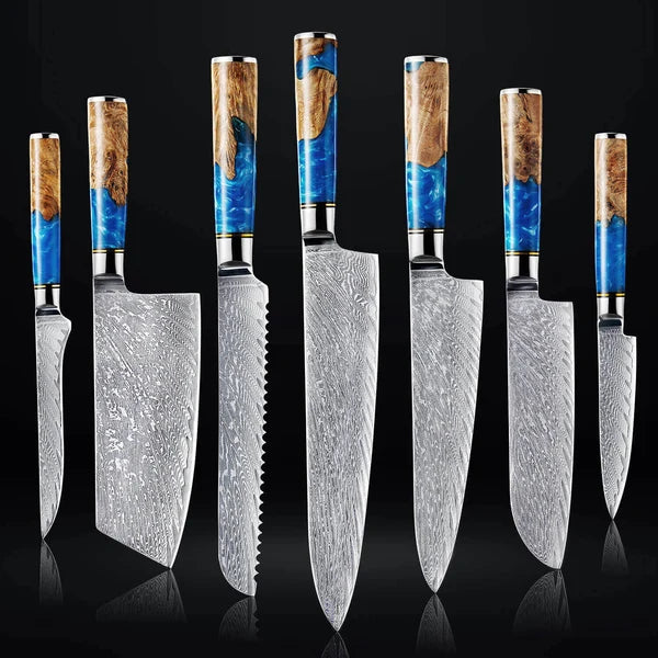 Tsunami Collection — Japanese VG10 Damascus Steel Knife Set with Resin Burl Wood Handles