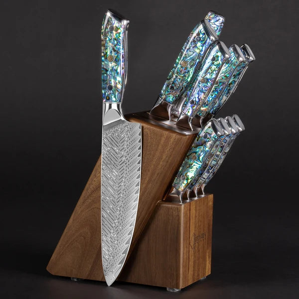 Umi 11-Piece Japanese VG10 Damascus Knife Block Set — Abalone Shell Handles